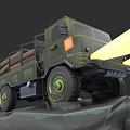 Green Military Truck With Open Cargo Bed And Yellow Spotlight On Rocky Platform