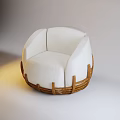 Stylish White Fabric Single Sofa with Wooden Armrests and Base Frame