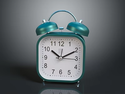 Green Alarm Clock With Double Bells White Dial And Black Hands On Reflective Surface 3d model