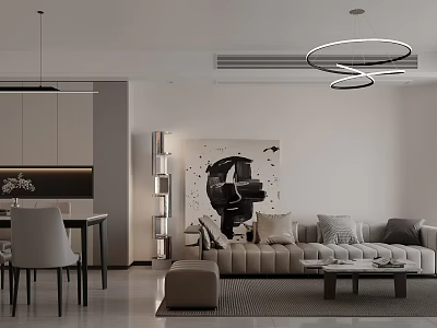 Modern Minimalist Open Dining And Living Room With Stylish Lighting Art Decor And Comfortable Furniture 3d model