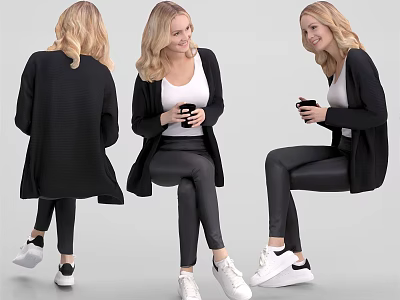 Woman in Black Coat White Top and Black Leggings Holding Phone in Three Angles 3d model