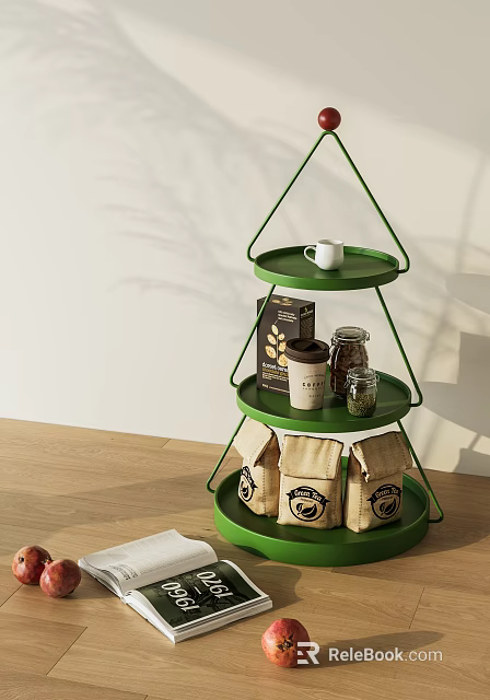 Green Three Tiered Side Table With Circular Trays Metal Frame White Cup And Brown Bags 3d model 