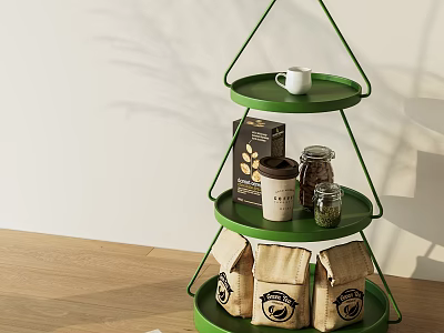 Green Three Tiered Side Table With Circular Trays Metal Frame White Cup And Brown Bags 3d model