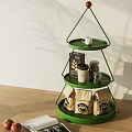 Green Three Tiered Side Table With Circular Trays Metal Frame White Cup And Brown Bags