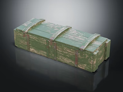 Green Distressed Wooden Trunk With Metal Straps On Black Surface 3d model