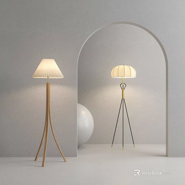 Modern Floor Lamps Featuring Wooden Black Gold Tripod White Pleated Shade Gray Wall Arched Doorway 3d model 