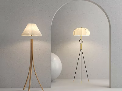 Modern Floor Lamps Featuring Wooden Black Gold Tripod White Pleated Shade Gray Wall Arched Doorway 3d model