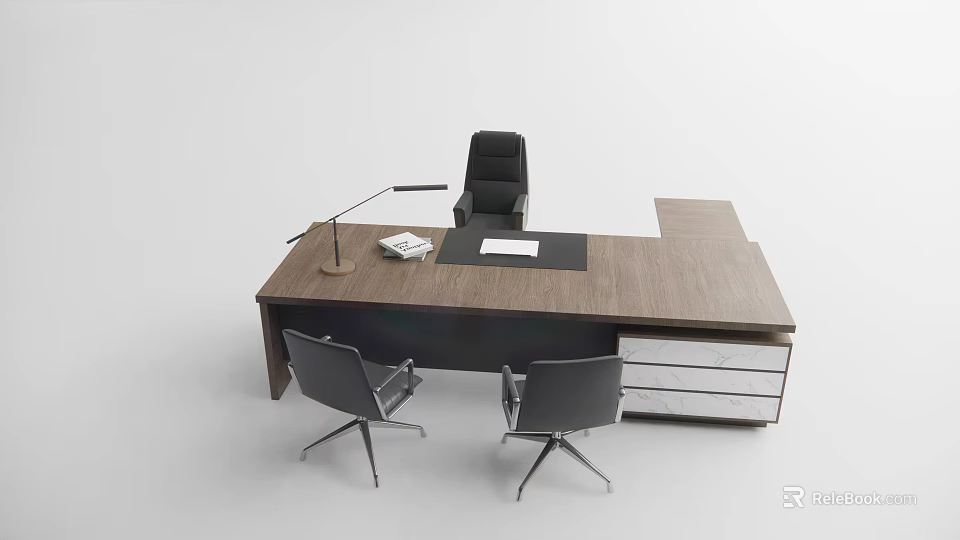 Modern Office Desk With Desk Lamp Black Leather Pad Documents Black Chair And Guest Chairs 3d model 
