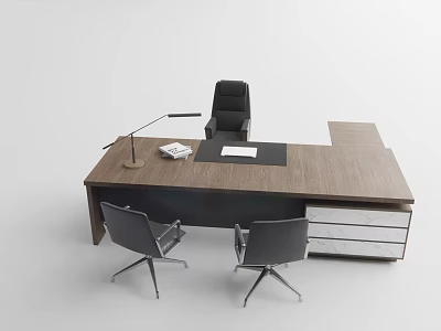 Modern Office Desk With Desk Lamp Black Leather Pad Documents Black Chair And Guest Chairs 3d model