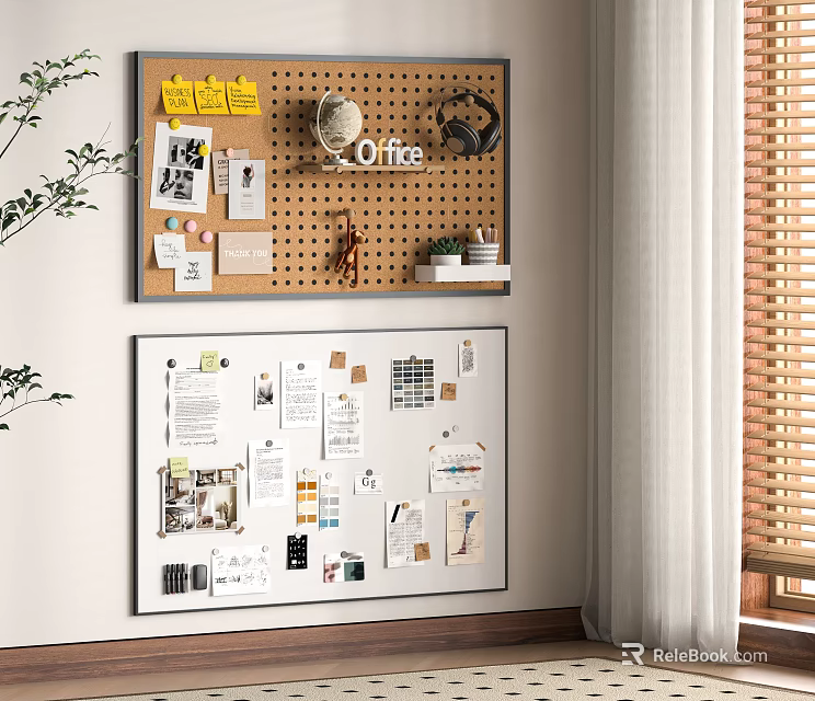Office Wall With Pin Boards Notes Photos Charts Yellow Sign Green Plant And Blinds 3d model 