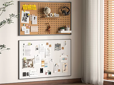 Office Wall With Pin Boards Notes Photos Charts Yellow Sign Green Plant And Blinds 3d model