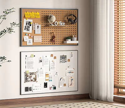 Office Wall With Pin Boards Notes Photos Charts Yellow Sign Green Plant And Blinds 3d model