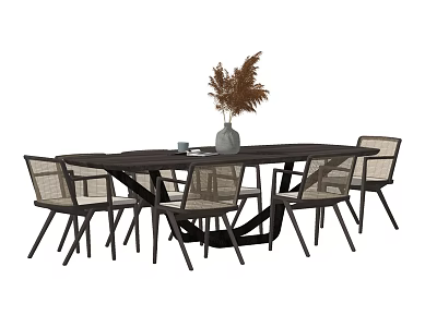 Dark Wooden Dining Table Set with 6 Rattan Back Chairs Vase Dried Flowers and Cup 3d model