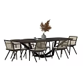 Dark Wooden Dining Table Set with 6 Rattan Back Chairs Vase Dried Flowers and Cup