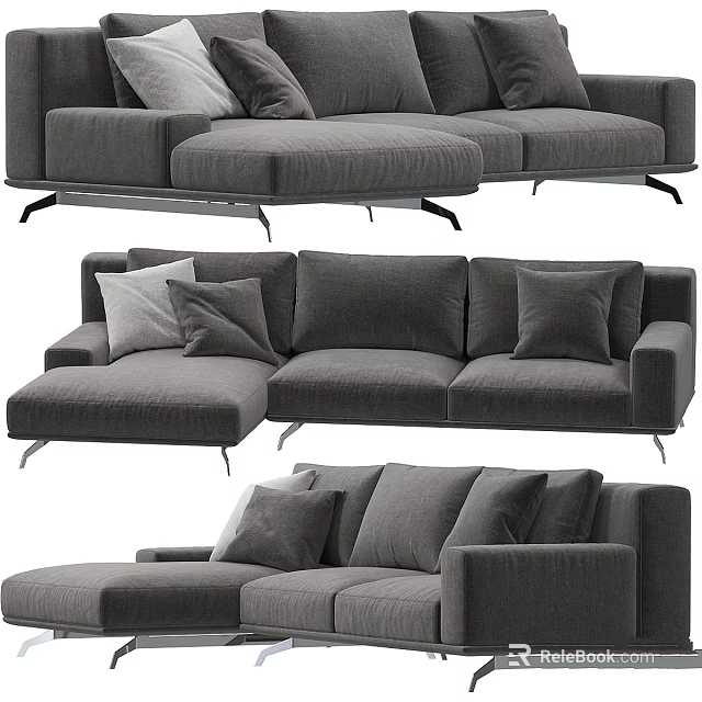 Modern Gray L shaped Sofa With Multiple Pillows And Different Angles 3d model