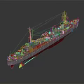 3D Model of Gray Warship with Red Bottom Masts Smokestack and Deck Equipment