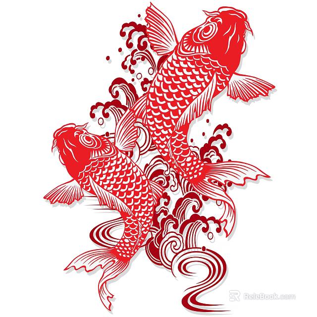 Red Koi Fish Paper Cut Style Wall Decor with Waves and Swirls Design 3d model 