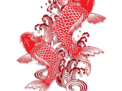 Red Koi Fish Paper Cut Style Wall Decor with Waves and Swirls Design 3d model