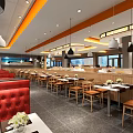 Modern Restaurant Interior With Red Upholstered Booths Wooden Tables And Hanging Pendant Lights