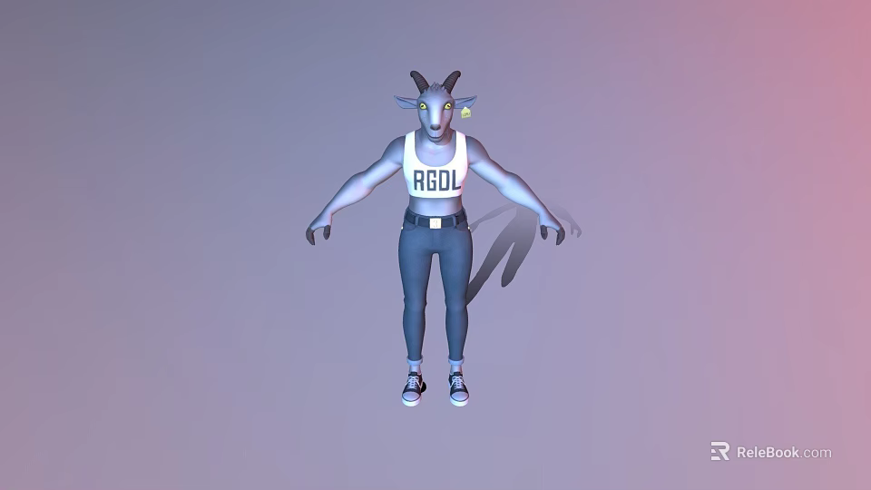 Anthropomorphic Goat Headed Game Movie Character With White Tank Top AGOL Text Blue Pants Sneakers 3d model 