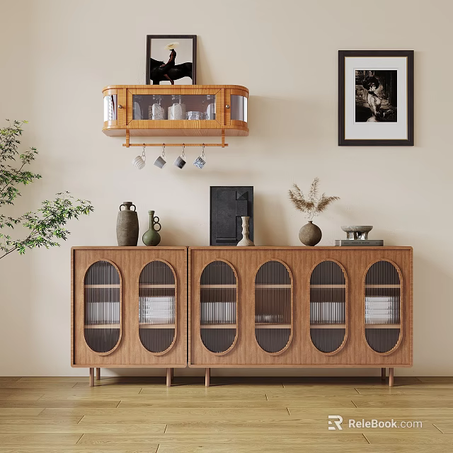 Wooden Sideboard with Glass Doors Decorative Items and Framed Art on Wall 3d model 