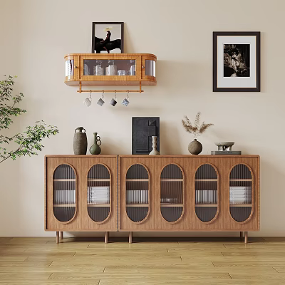 Wooden Sideboard with Glass Doors Decorative Items and Framed Art on Wall 3d model