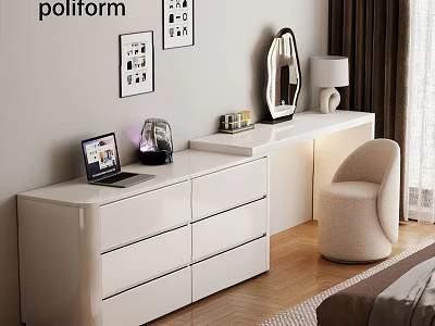 Modern White Dressing Table With Drawers Mirror Lamp Framed Pictures And Beige Chair 3d model