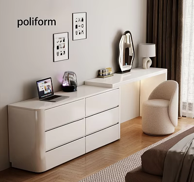 Modern White Dressing Table With Drawers Mirror Lamp Framed Pictures And Beige Chair 3d model