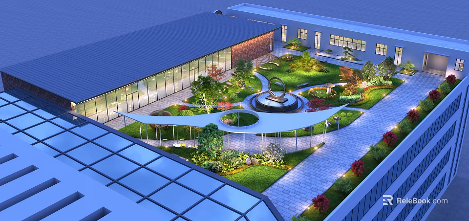 Modern Rooftop Garden With Lush Greenery Curved Walkways Circular Fountain Glass Roof And Soft Lighting 3d model 