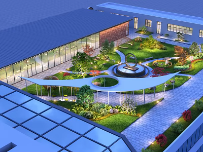 Modern Rooftop Garden With Lush Greenery Curved Walkways Circular Fountain Glass Roof And Soft Lighting 3d model