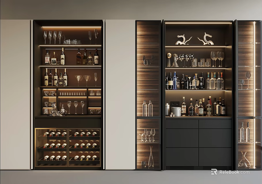 Elegant Wine Cabinet Interior Design With Glasses Bottles And Decorative Items 3d model 