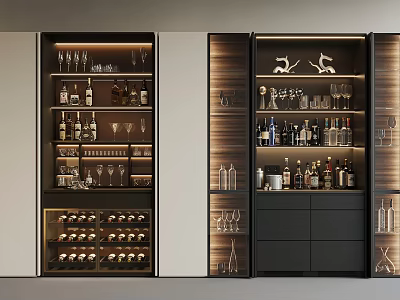 Elegant Wine Cabinet Interior Design With Glasses Bottles And Decorative Items 3d model