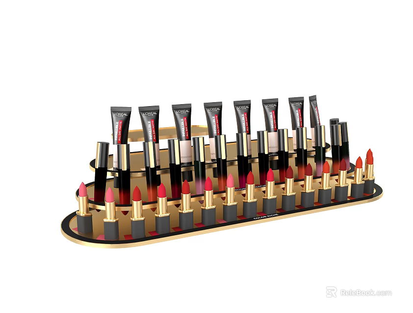Elegant Art Installation With Golden Layered Display Stand For Colorful Lipsticks And Lip Glosses 3d model 