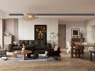 Modern Living Dining Room Interior With Brown Sofa Wooden Table Artwork Plants And Chandelier 3d model