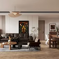 Modern Living Dining Room Interior With Brown Sofa Wooden Table Artwork Plants And Chandelier
