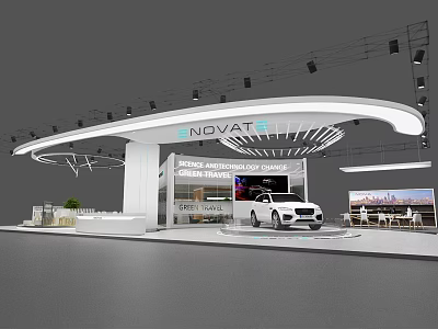 NOVAT Green Energy Auto Show Exhibition Booth With Curved Roof Lighting And White Car 3d model