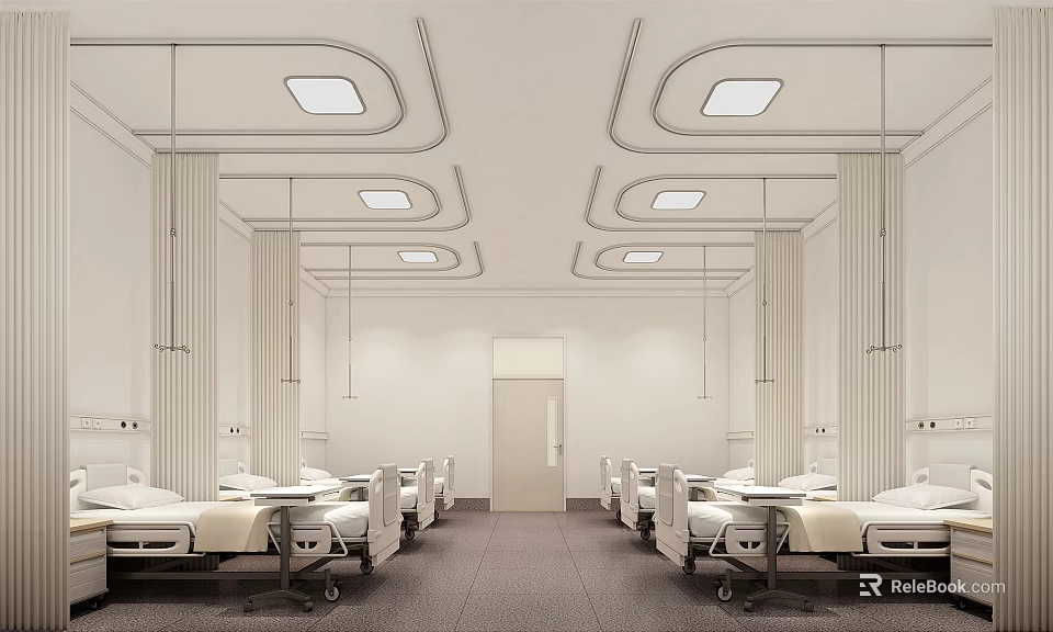 Hospital Outpatient Clinic Interior With Neatly Arranged Beds White Walls And Ceiling Lights 3d model 