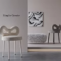 Curved Woven Leisure Chair With Light Dark Colors Abstract Painting Fluffy Ottoman