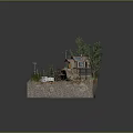 Cartoon Scenic Model With House Solar Panels Trees Cactus Watermill Small Train Rocky Ground Fence