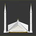 White Religious Building Architectural Model Featuring Four Golden Minarets Blue Lines and Golden Ornaments