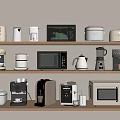 Essential Kitchen Appliances Including Microwave Rice Cooker Coffee Maker Toaster And Kettle On Wooden Shelves
