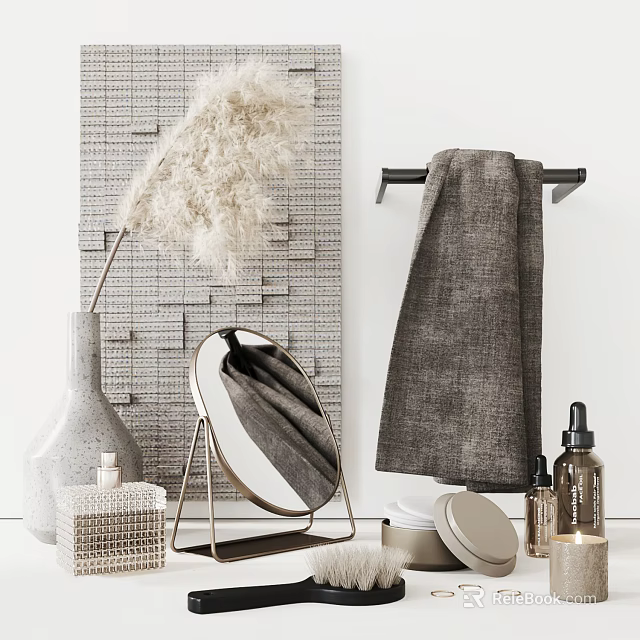 Modern Bathroom Accessories With Towel Rack Gray Towel Round Mirror And Dried Pampas Grass 3d model 