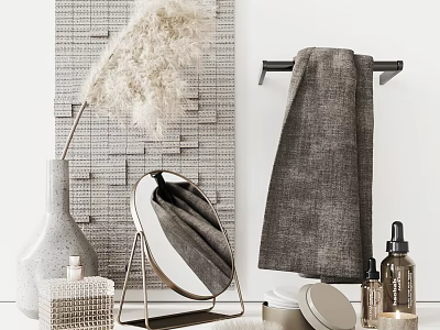Modern Bathroom Accessories With Towel Rack Gray Towel Round Mirror And Dried Pampas Grass 3d model
