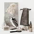 Modern Bathroom Accessories With Towel Rack Gray Towel Round Mirror And Dried Pampas Grass