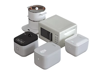 Modern Kitchen Appliances Collection Including Rice Cooker Microwave Oven And Storage Containers 3d model