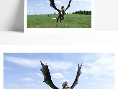 Mythical Dragon Game Movie Character Flying Over Green Meadow With Blue Sky And Clouds 3d model