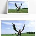 Mythical Dragon Game Movie Character Flying Over Green Meadow With Blue Sky And Clouds