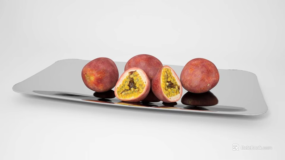 Whole and Cut Open Passion Fruit with Yellow Pulp and Seeds on Silver Plate 3d model 