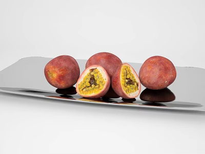 Whole and Cut Open Passion Fruit with Yellow Pulp and Seeds on Silver Plate 3d model