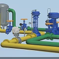 Industrial Equipment System with Green Yellow Pipes Blue Valves and Silver Tanks